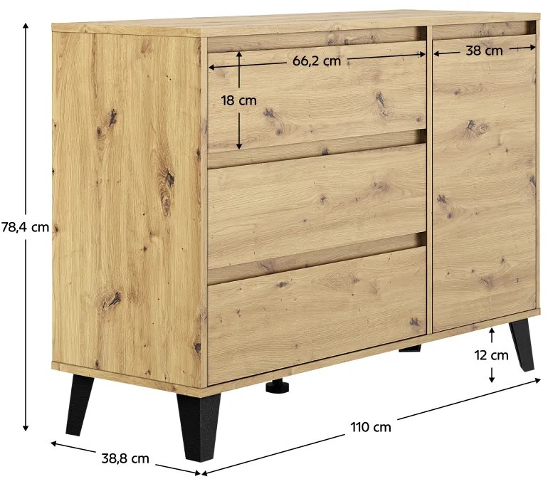 BOGAN 1D3S komód, tölgyfa artisan