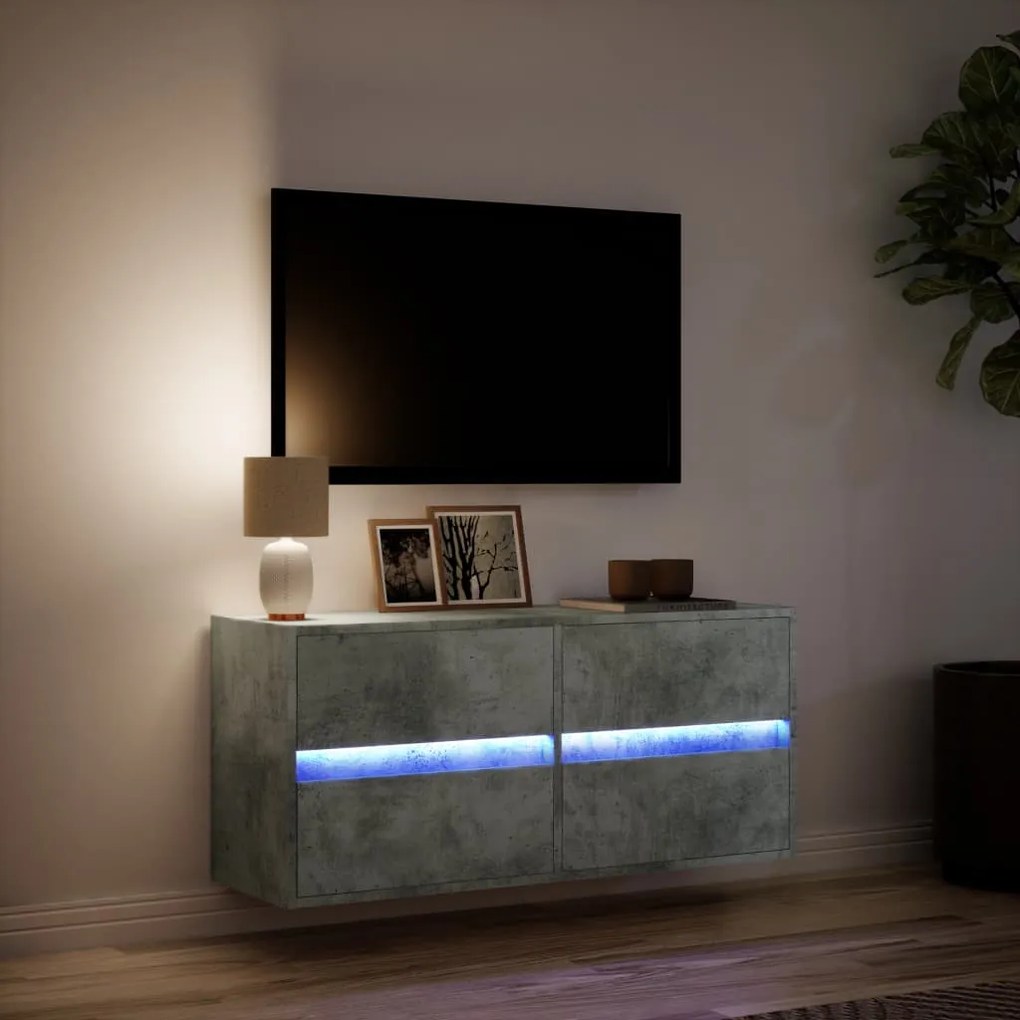 betonszürke falra szerelhető TV-szekrény LED-del 100x31x45 cm