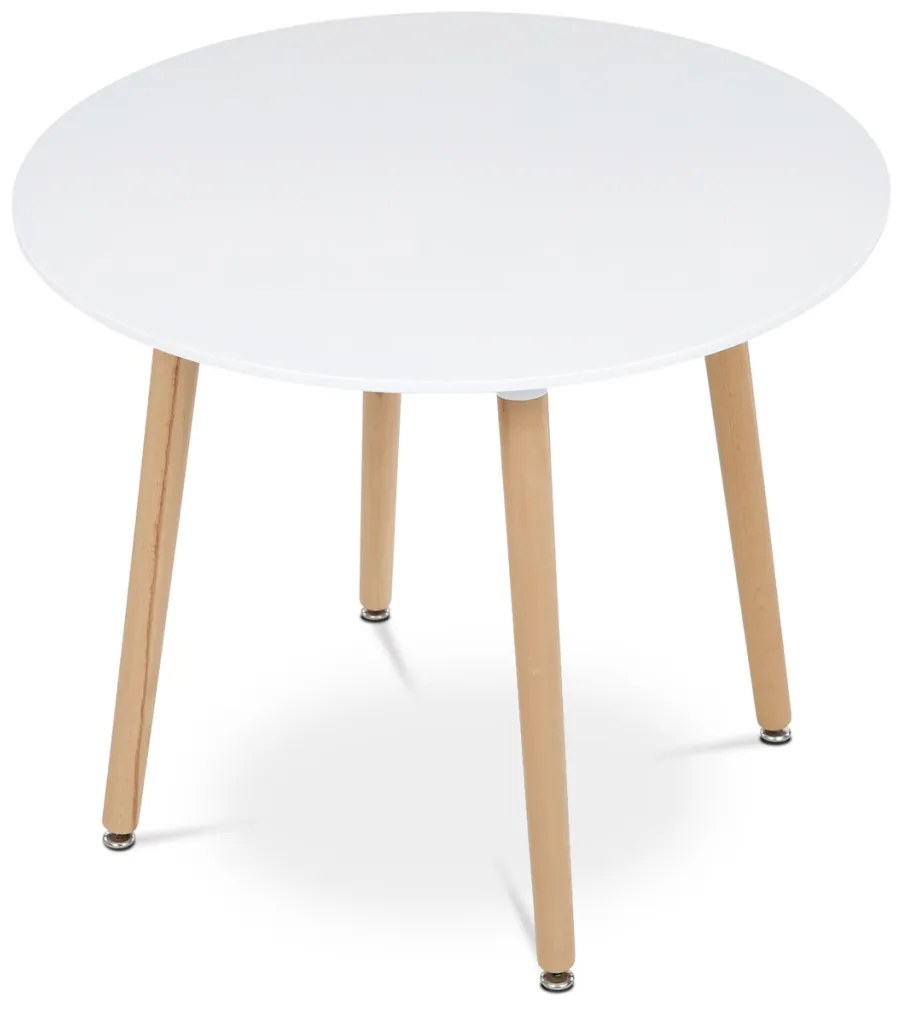 Masă de sufragerie Young in stil scandinav. Masă de sufragerie, 90x90x74 cm, MDF - lac mat alb, cadru metalic, picioare din lemn
