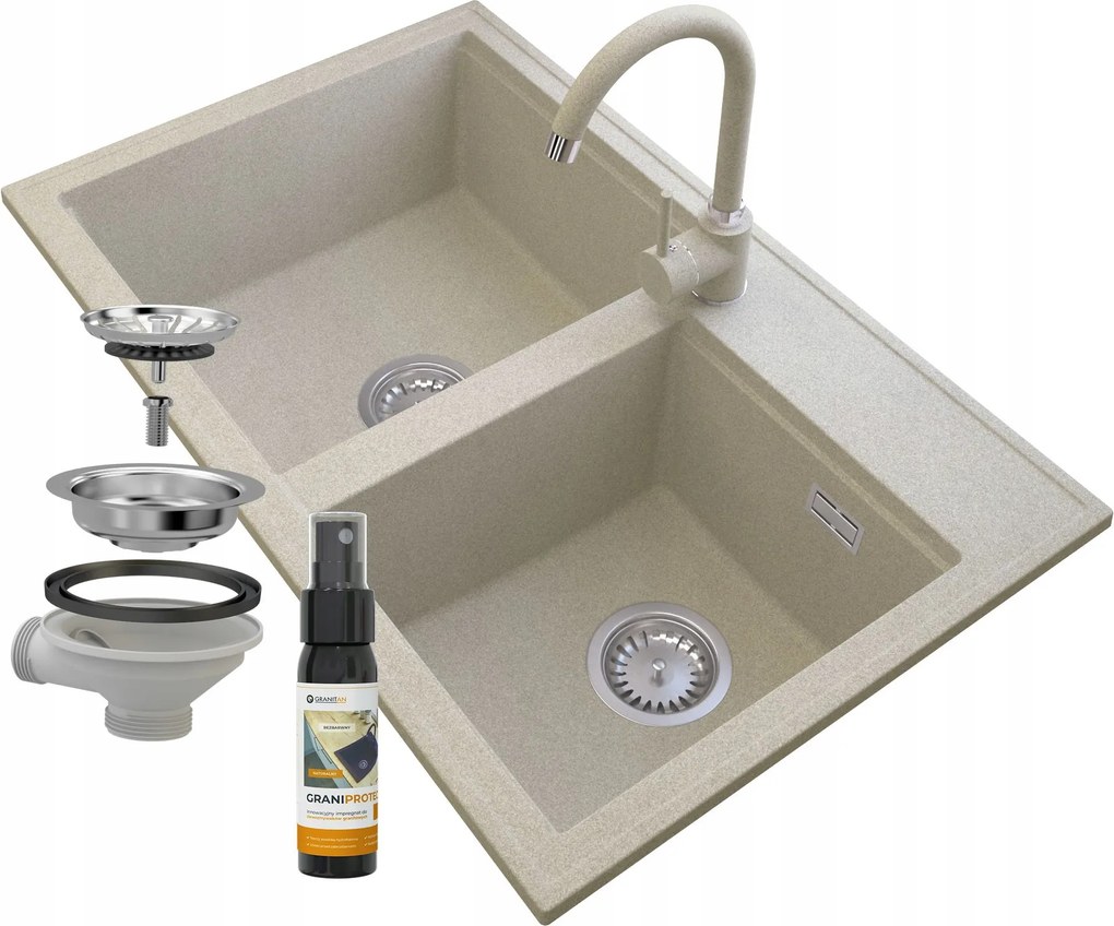 Gránit Mosogató Bézs Szifon Króm Csaptelep Hektor