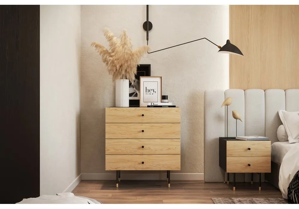 Fekete-natúr színű magas komód tölgyfa dekorral 80x87 cm Jugend – Woodman