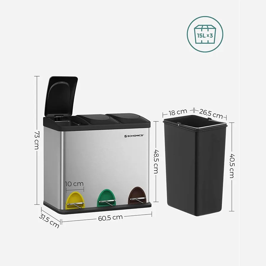 Szelektív szemeteskuka 3x15L, ezüst
