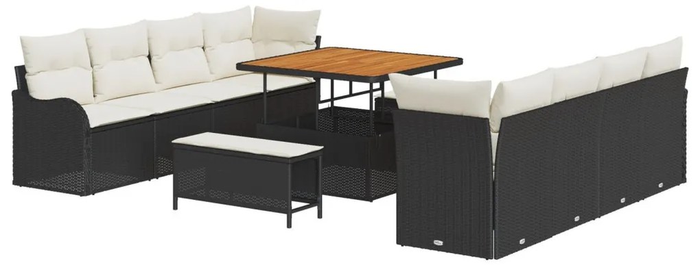 11 darabos Kerti Sofa Szett Párnákkal Fekete Poli Rattan Akáccal, 2-Fős Kert Sofa Párnákkal Fekete Poli Rattan, 3 darabos Kerti Étkező Szett Párnákkal Fekete Poli Rattan Akáccal
