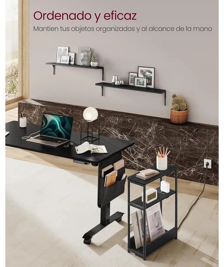 Keskeny oldal asztal töltő funkcióval 3 polcos, 18 x 45 x 58 cm tinta fekete