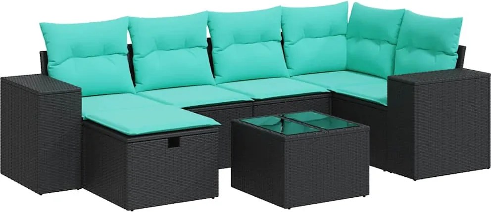 vidaXL 7 részes fekete polyrattan kerti ülőgarnitúra párnával