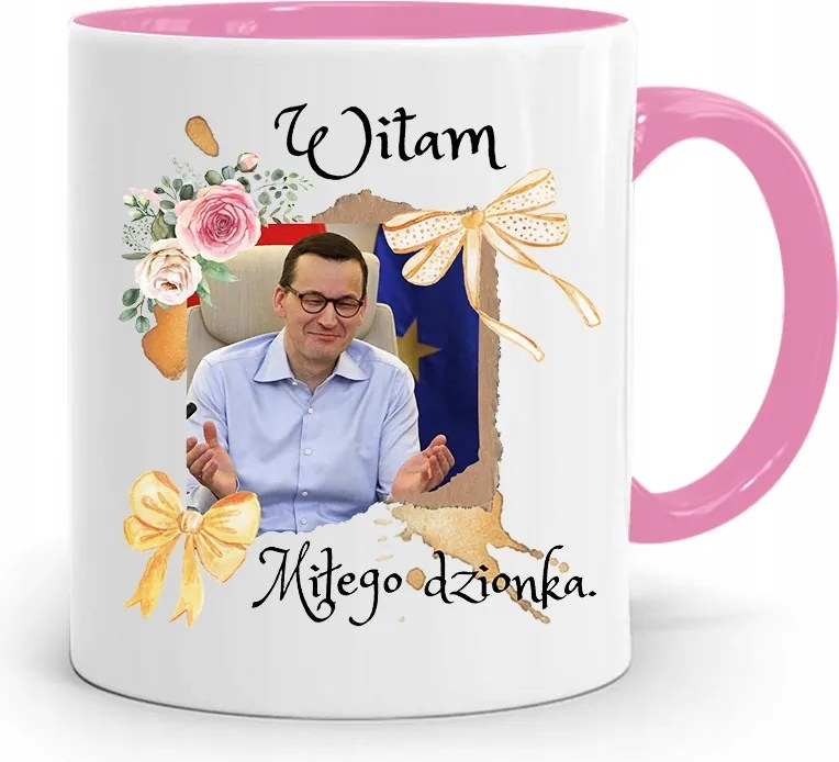 Rózsaszín Politikai Bögre Mateusz Morawiecki Miniszterelnök fényképes nyomtatással