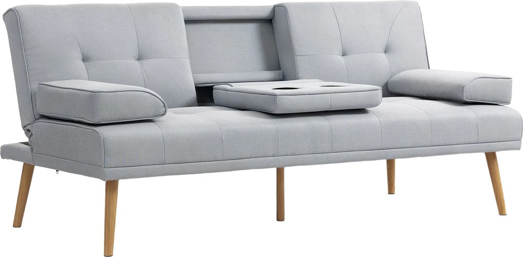 HOMCOM Kanapéágy, 3-Fős Kanapé, Futon Ágy Összecsukható Asztallal, Textil Kanapé Vászonhatással, Hálószoba Bútor Pohártartóval, Skandináv Formatervezé