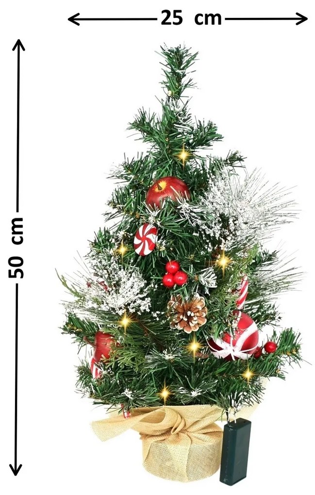 Díszített karácsonyfa világítással, 50 cm, 10 LED, meleg fehér