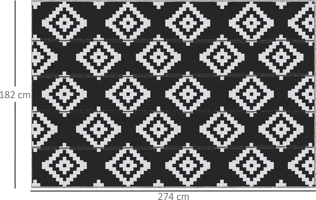Outsunny Kültéri Grafikai Stílusú Szőnyeg - Kétoldalas Szőnyeg 2 Mintával - Méretek: 2,74L x 1,82W m - Magas sűrűségű 310 g/m² PP Fekete és Fehér | Ao