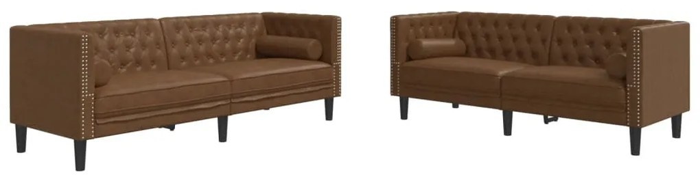 2 részes barna művelúr Chesterfield kanapészett hengerpárnákkal