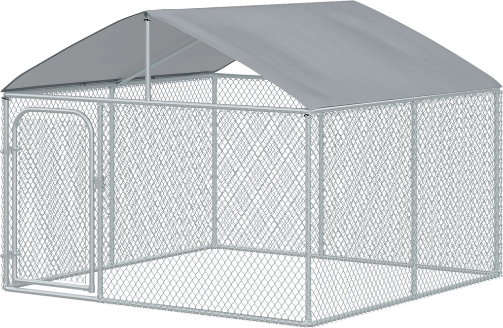 PawHut 5m² Kültéri Kutya Ól Tetővel - 230 x 230 x 175 cm Hálókerítés - Fedett Terület - Horganyzott Acél | Aosom