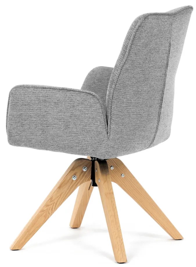 Scaun de sufragerie cu cotiere, din material hidrofug gri deschis, cu picioare de stejar, rotativ 360°