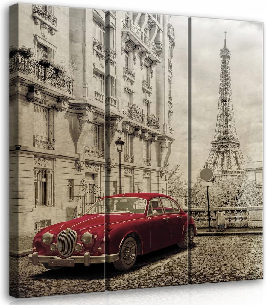 Vászonkép 90x100 Párizs Eiffel-torony piros autó retro klasszikus szépia macskakövek
