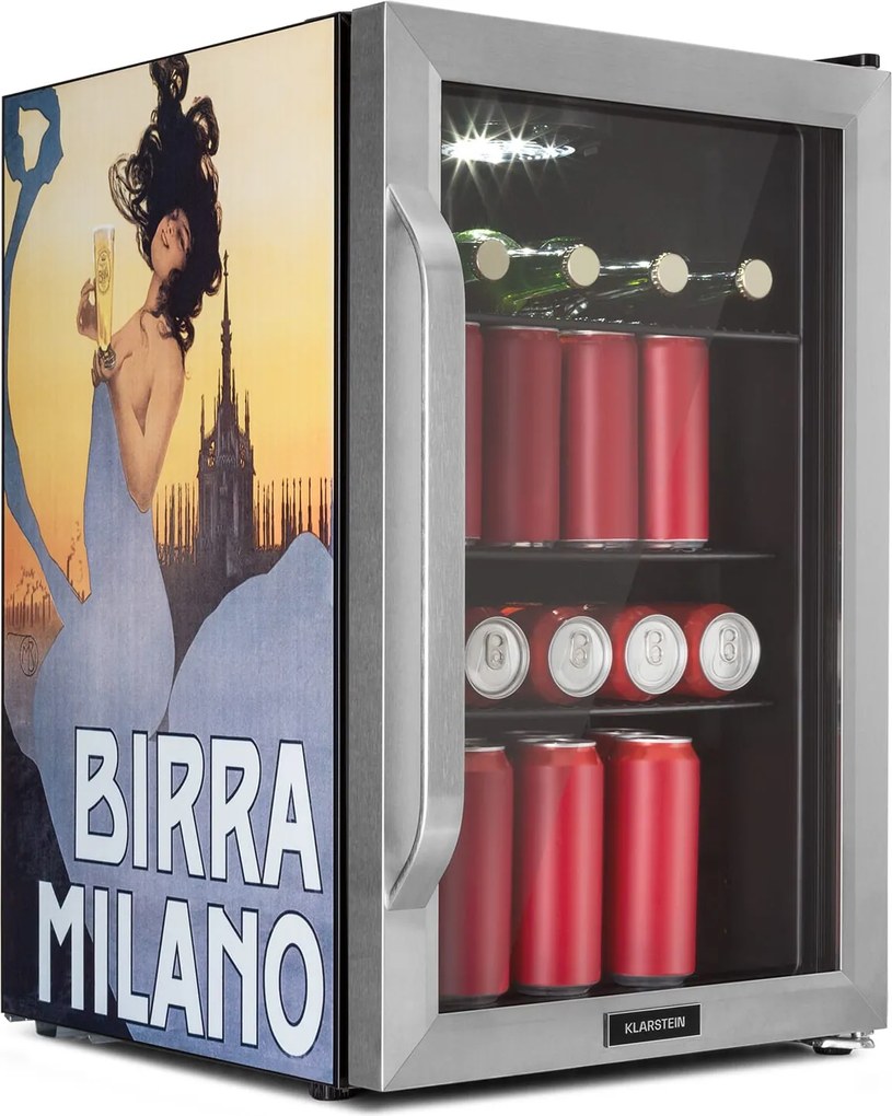 Klarstein Beersafe 70 Birra Milano Edition, hűtőszekrény, 70 liter, 3 polc, panoráma üvegajtó, rozsdamentes acél