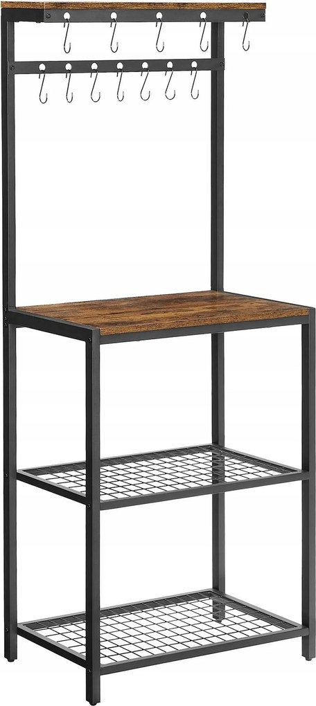 Masszív loft stílusú konyhai polc, 4 szintes, 12 akasztóval, rusztikus barna-fekete