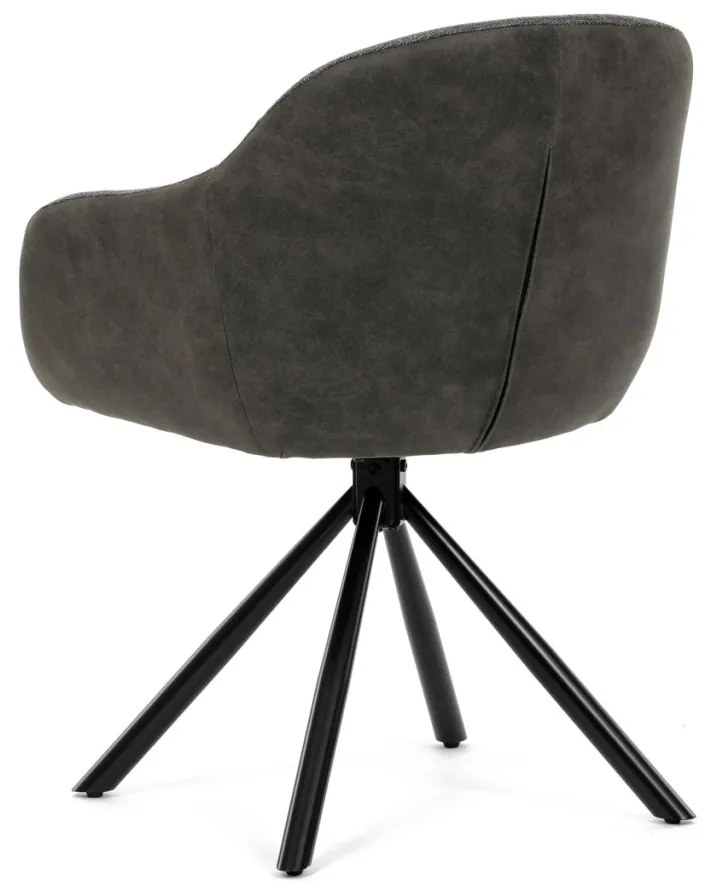 Scaun de sufragerie pivotant, țesătură gri și țesătură gri închis, cu decor vintage din piele, metal negru, mecanism de retragere rotativ P90°+ L90°.