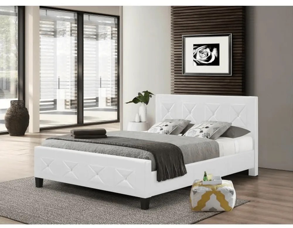 Dupla ágy ágyráccsal, textilbőr fehér, 160x200, CARISA