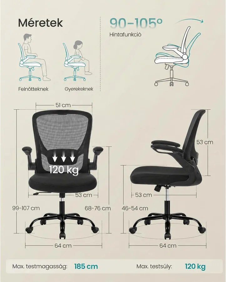 Irodai szék összecsukható karfákkal, ergonomikus számítógépes szék, fekete