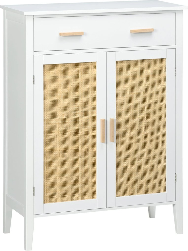 HOMCOM Cipőtároló Szekrény Előszobai Tároló 2 Rattan Hatású Ajtóval - 80 x 35 x 110 cm - Fehér | Aosom