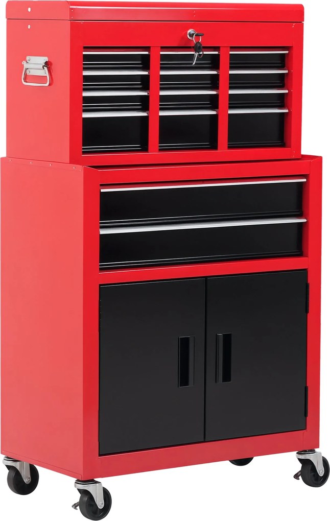HOMCOM Műhely Kocsi Szerszámosládával, Üres Zárható Kocsi 6 Fiókkal, Szekrény Résszel, Csúszásmentes Szőnyegekkel, 2 Kulccsal, Fém Szerszám Szekrény P