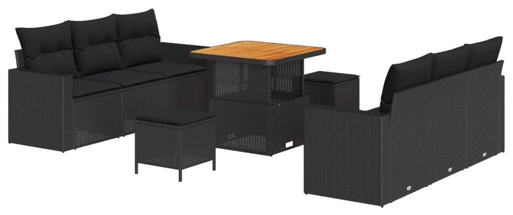 9 Db-os Kerti Kanapé Szett Párnákkal Fekete Poli Rattan Akác, 3 Db-os Kerti Étkező Szett Párnákkal Fekete Poli Rattan Akác