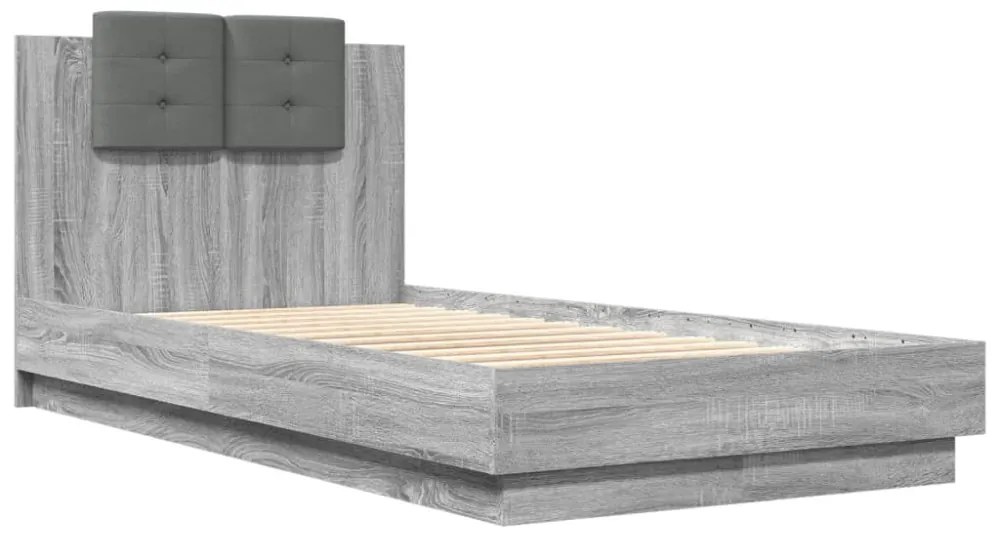 szürke sonoma színű ágykeret fejtámlával és LED-ekkel 75x190 cm