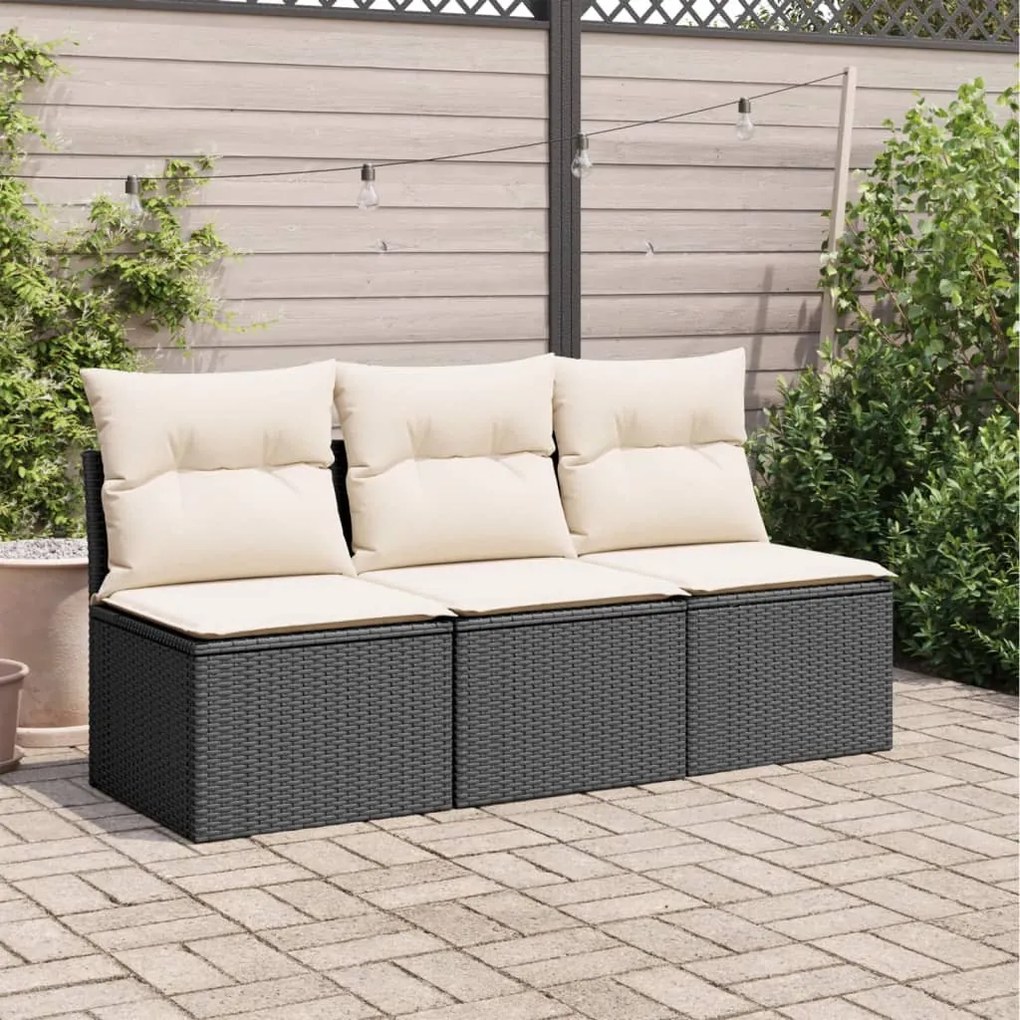 Fekete 3 személyes polyrattan kerti kanapé párnákkal