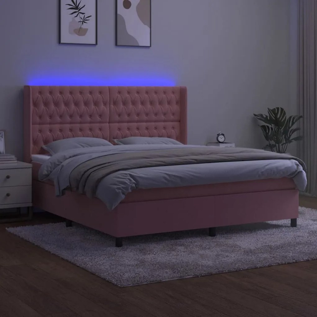 rózsaszín bársony rugós és LED-es ágy matraccal 160x200 cm