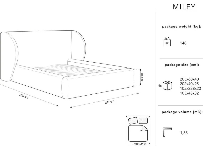 Bézs kárpitozott franciaágy tárolóhellyel, ágyráccsal 200x200 cm Miley – Micadoni Home
