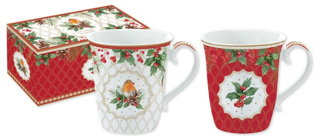 Karácsonyi porcelán bögre 2 db vörösbegy díszdobozban Christmas Berries