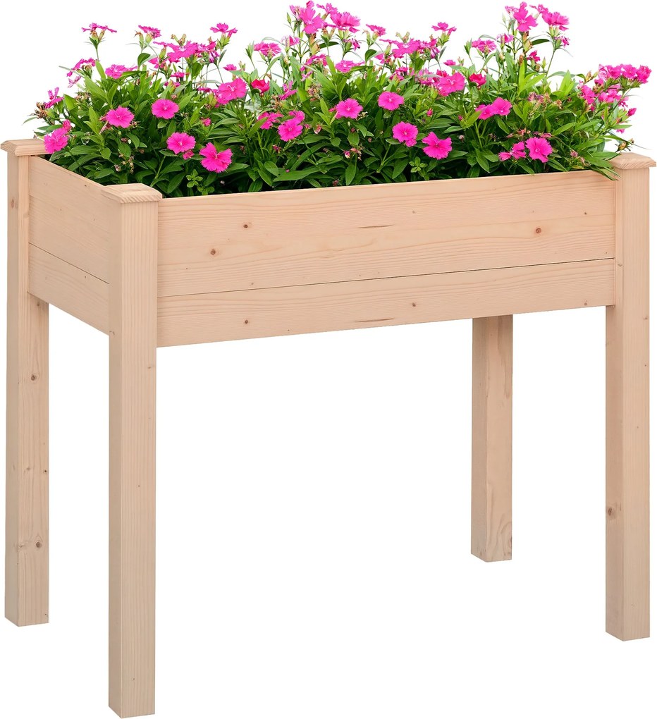 Outsunny Emelt Városi Kert Természetes Fa 86x46x76 cm Emelt Ültető Asztal Nem Woven Szövet és 4 Draináló Lyukkal Virágok Ültetéséhez Kert Terasz Szaba