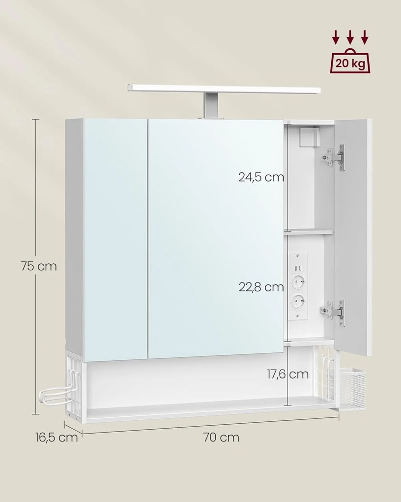 Fürdőszobaszekrény led világítással, konnektorokkal, 16,5 × 70 × 75 cm, felhőfehér színben