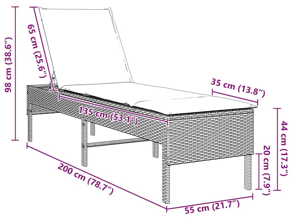 szürke polyrattan napozóágy párnával 55x200x44 cm