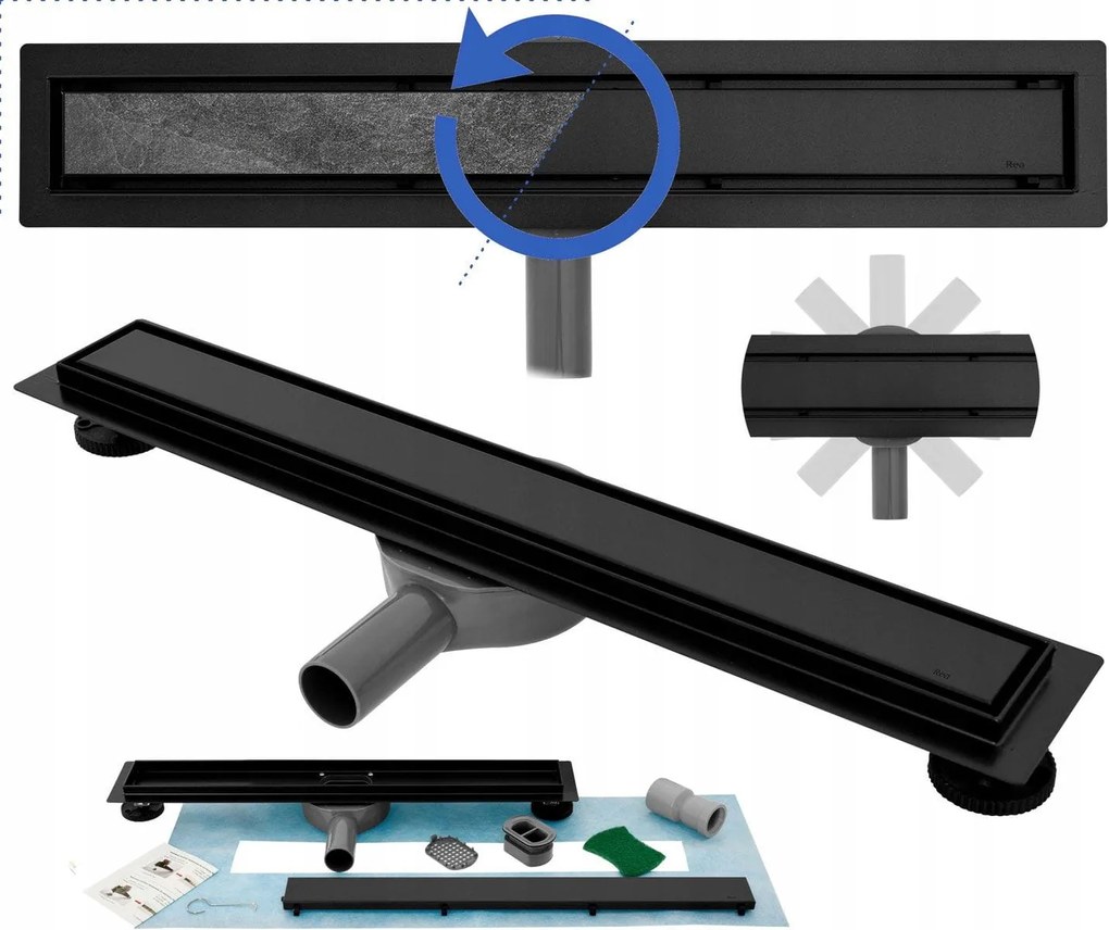 Lineáris Zuhany Lefolyó 60CM Fekete Forgatható Szifon Rozsdamentes Acél 2IN1