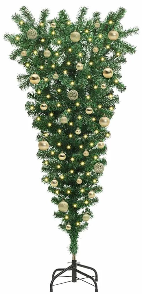 Felfelé álló műfenyő világítással és gömbökkel Zöld 150 cm PVC