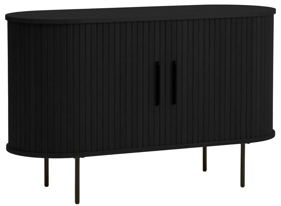 Fekete komód tolóajtóval, tölgyfa dekorral 120x76x45 cm Nola – Unique Furniture