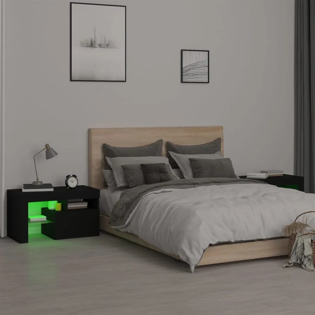 2 db fekete színű LED-lámpás éjjeliszekrény 70x36,5x40 cm