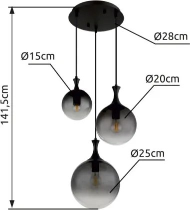 Globo 15885-3H Függeszték fém fekete matt, füstszínű üveg búra, fekete PVC kábel, magassága lerövidíthető, ø: 390mm, M: 1415mm, a búrák méretei: 1 x 15 cm, 20 cm, 25 cm, 3x E27 LED 10W 230V izzók nélkül