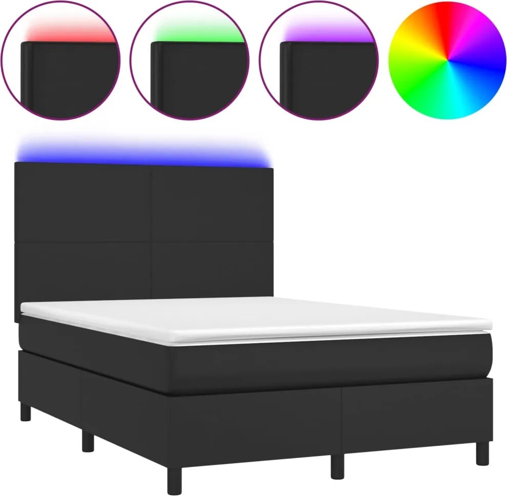 vidaXL fekete műbőr rugós ágy matraccal és LED-del 140x200 cm
