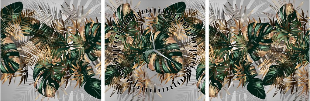 Kép - Gold-green, trópusi levelek (órával) (90x30 cm)