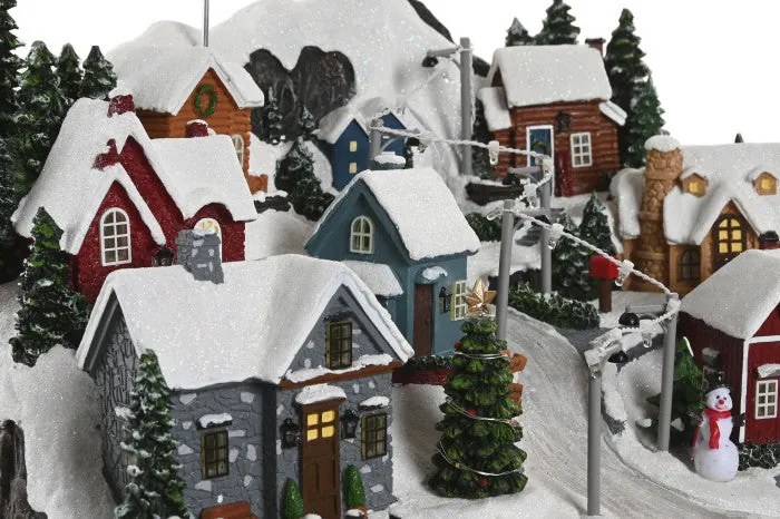 Karácsonyi falu zenélő világító életkép télapó szánnal 38X26,5X29 cm