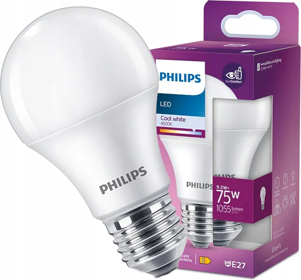 Led izzó E27 A60 9.5W 75W 1055lm 4000K Semleges Fehér Philips
