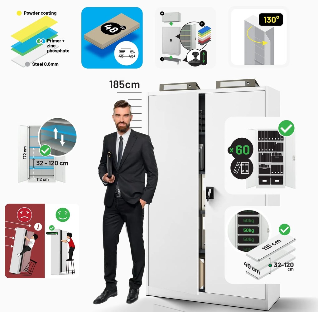 Fém iratszekrény JAN II, 1150 x 185 x 400 mm, fehér