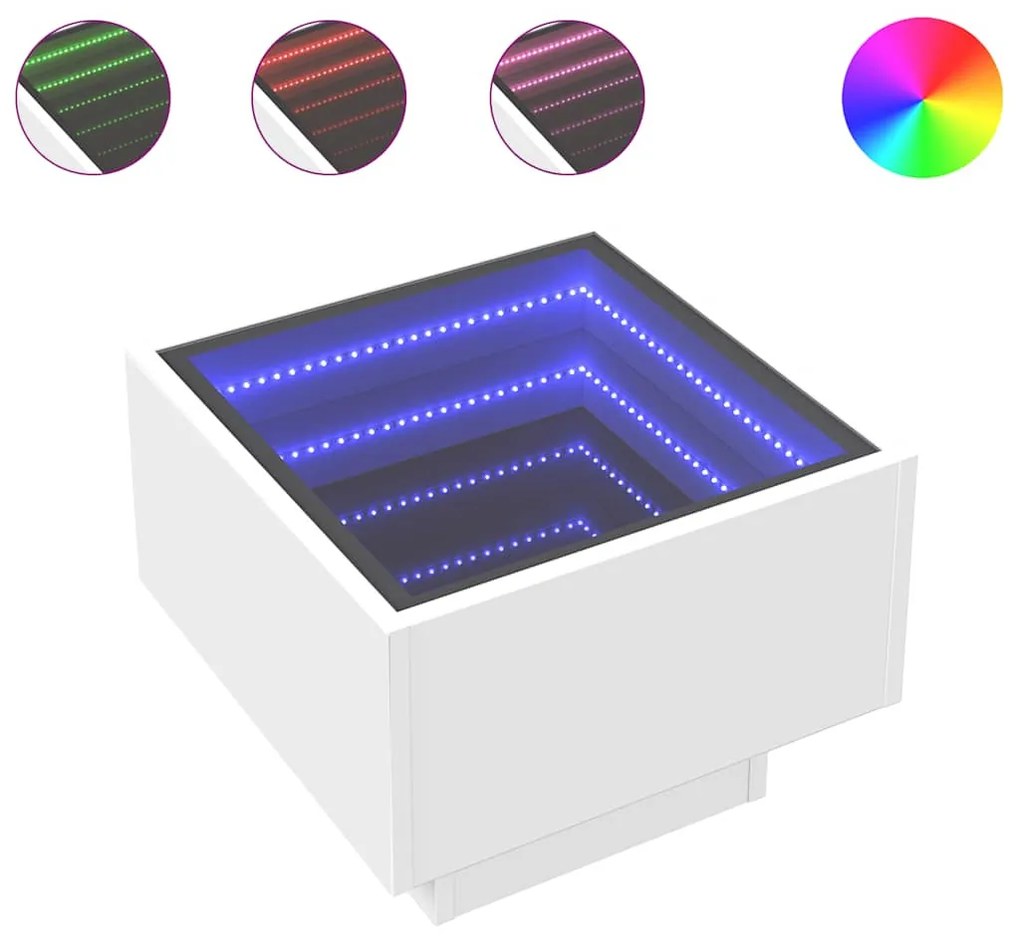 Fehér szerelt fa kisasztal LED-del 40 x 40 x 30 cm