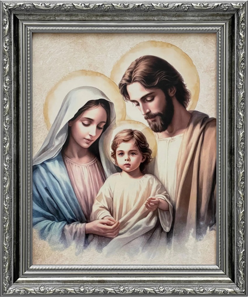 Vászonkép 31x26 Szent Család Jézus Krisztus József Mária Ezüst Díszített Keret