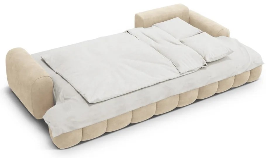 Bézs bársony kinyitható-tárolóhelyes sarokkanapé (jobb oldali-heverő résszel) Linz – Cosmopolitan Design