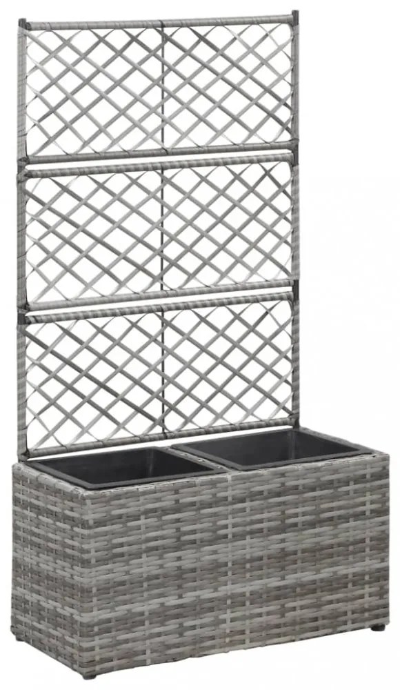szürke rácsos polyrattan magaságyás 2 kaspóval 58 x 30 x 107 cm