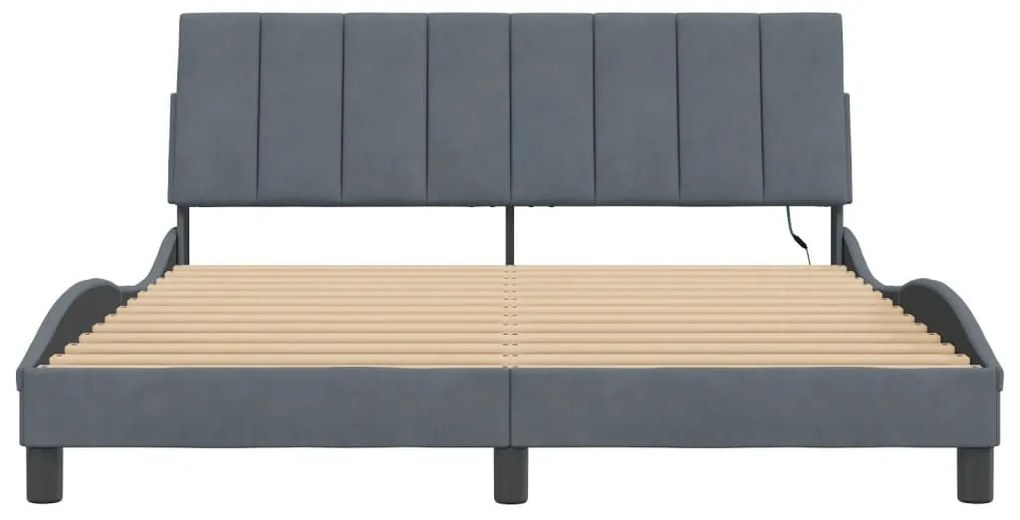 sötétszürke bársony ágykeret LED-es világítással 160 x 200 cm