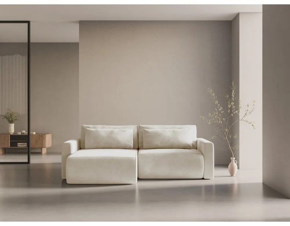 Bézs bársony kinyitható tárolóhelyes sarokkanapé Belfast – Cosmopolitan Design