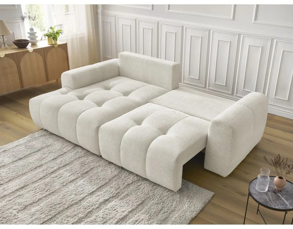 Fehér zsenília kinyitható-tárolóhelyes sarokkanapé (bal oldali-heverő résszel) Roxelane – Bobochic Paris